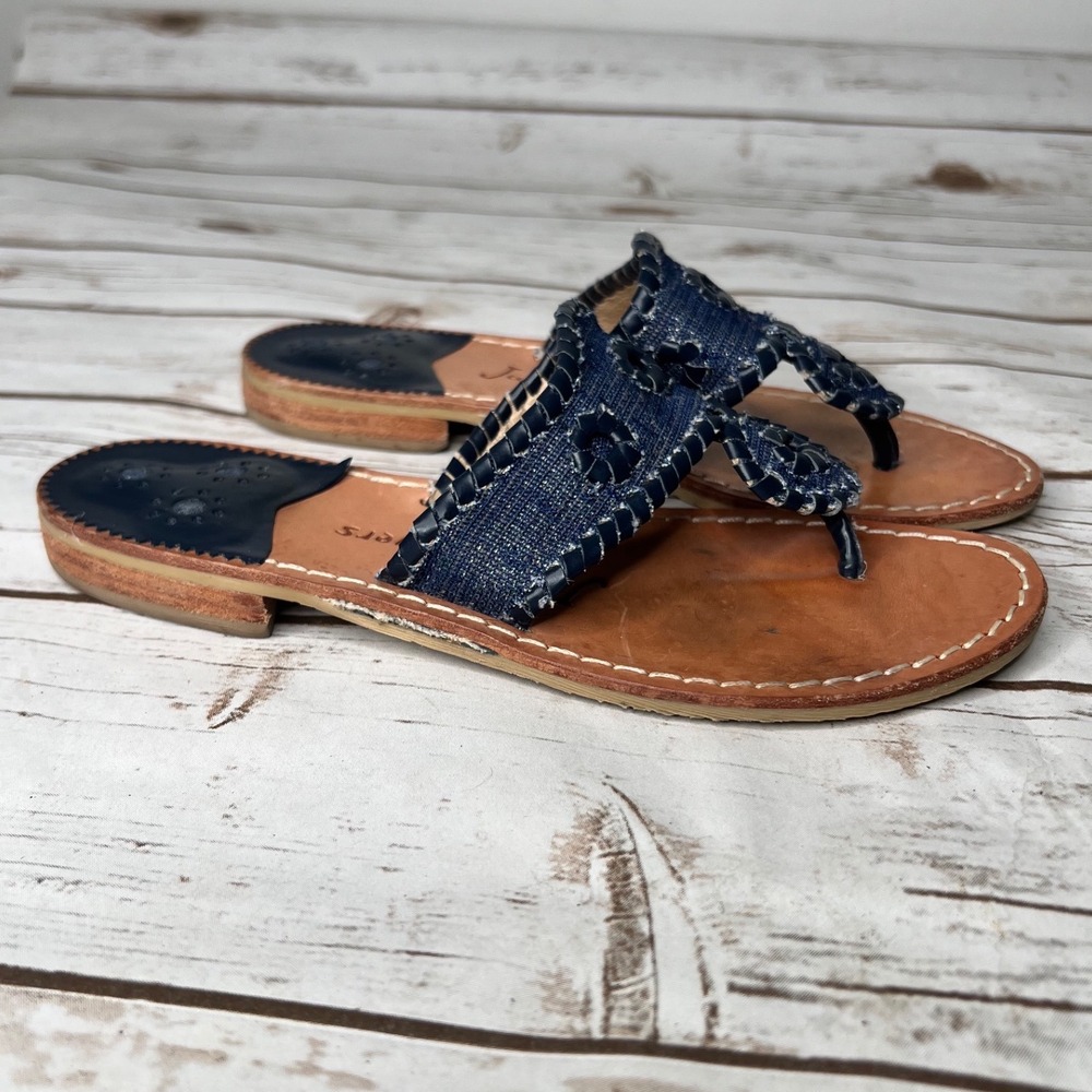 Jack Rogers Navajo Sandals Blue Denim Whipstitch Leather Thong 6M